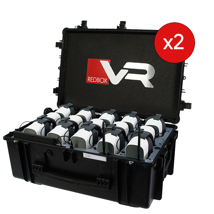 RedboxVR storage case holding two sets of Pico G2 4K headsets, perfect for VR experiences.