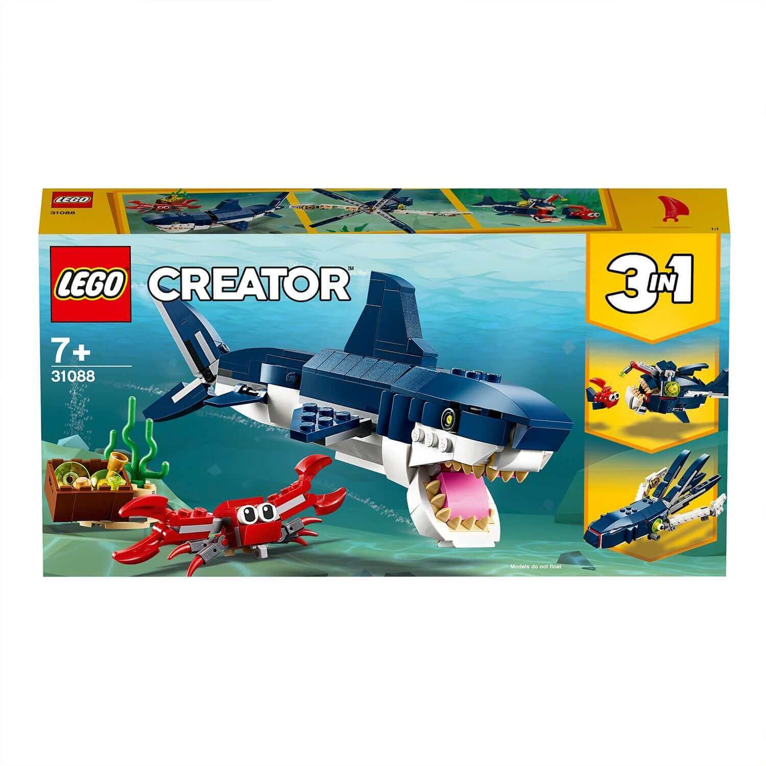 LEGO Creator 3in1 Deep Sea Creatures Shark Set 31088 featuring shark and crab, suitable for kids 7 and up.