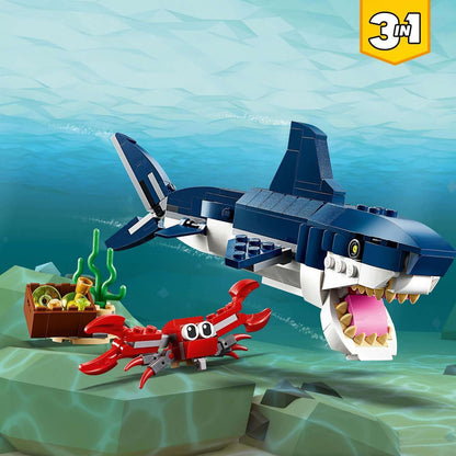 LEGO Creator 3in1 Deep Sea Creatures Shark Set 31088 with shark and crab in underwater scene.