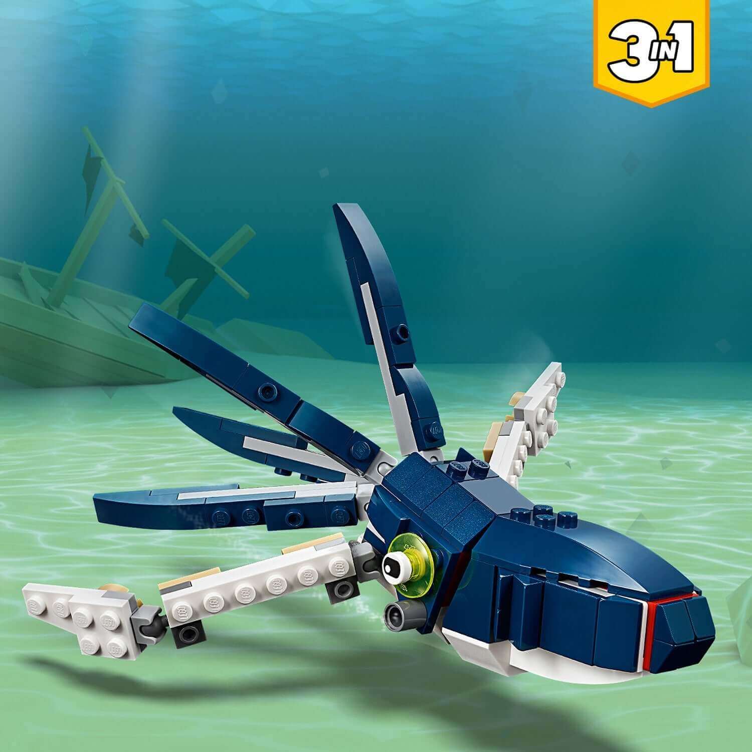 LEGO Creator 3in1 Deep Sea Creatures Shark Set 31088 showcasing a colorful LEGO shark design underwater.