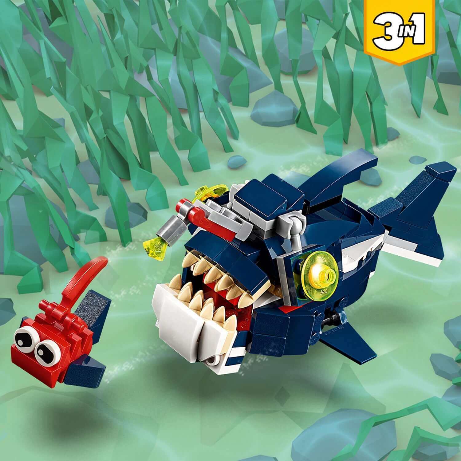 LEGO® Creator 3in1 Deep Sea Creatures Shark Set 31088 featuring a shark and fish in an underwater scene.