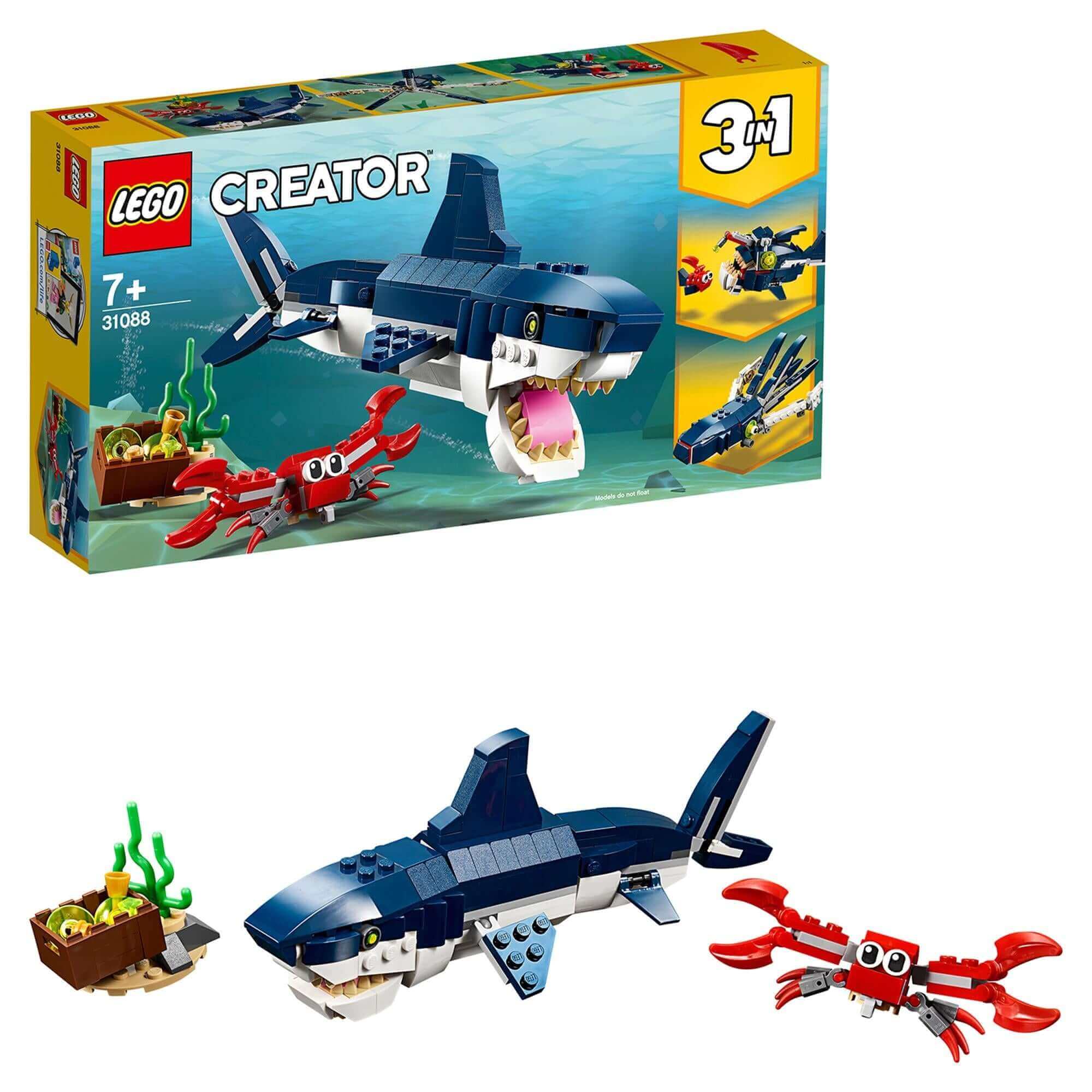 LEGO Creator 3in1 Deep Sea Creatures Shark Set 31088 featuring a shark, crab, and underwater scene.
