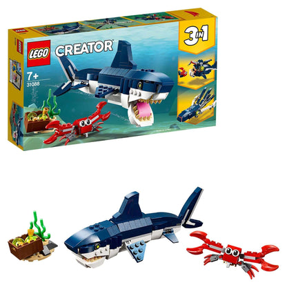 LEGO Creator 3in1 Deep Sea Creatures Shark Set 31088 featuring a shark, crab, and underwater scene.