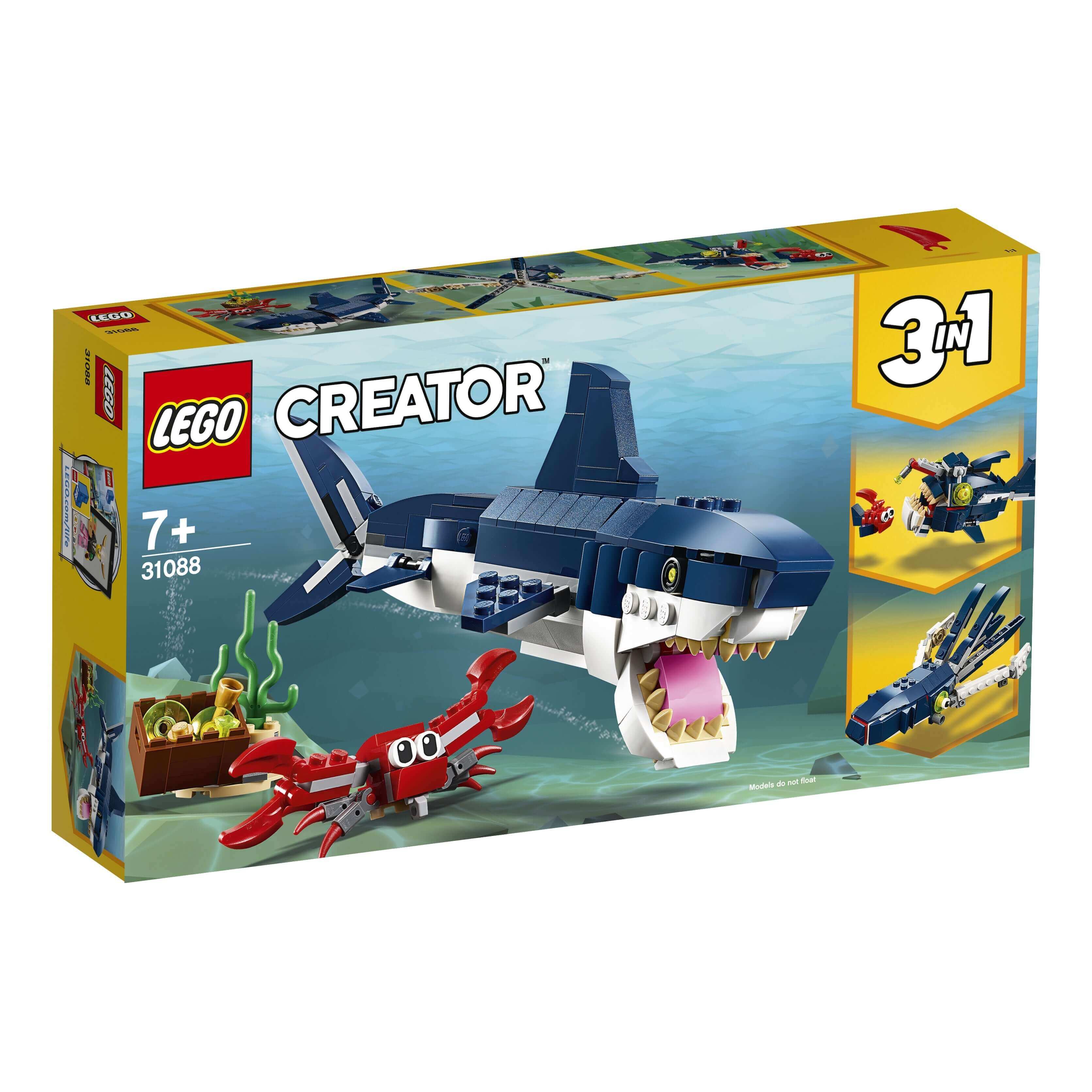 LEGO Creator 3in1 Deep Sea Creatures Shark Set 31088 box with shark and crab in an underwater scene.