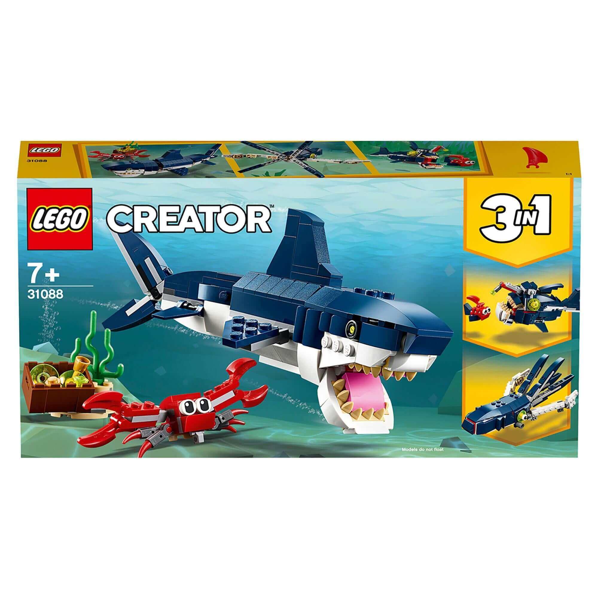 LEGO Creator 3in1 Deep Sea Creatures Shark Set 31088 with shark and crab, ideal for kids ages 7 and up.