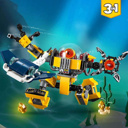 LEGO Creator 3in1 Underwater Robot Set 31090 featuring vibrant colors and playful design in an underwater scene.
