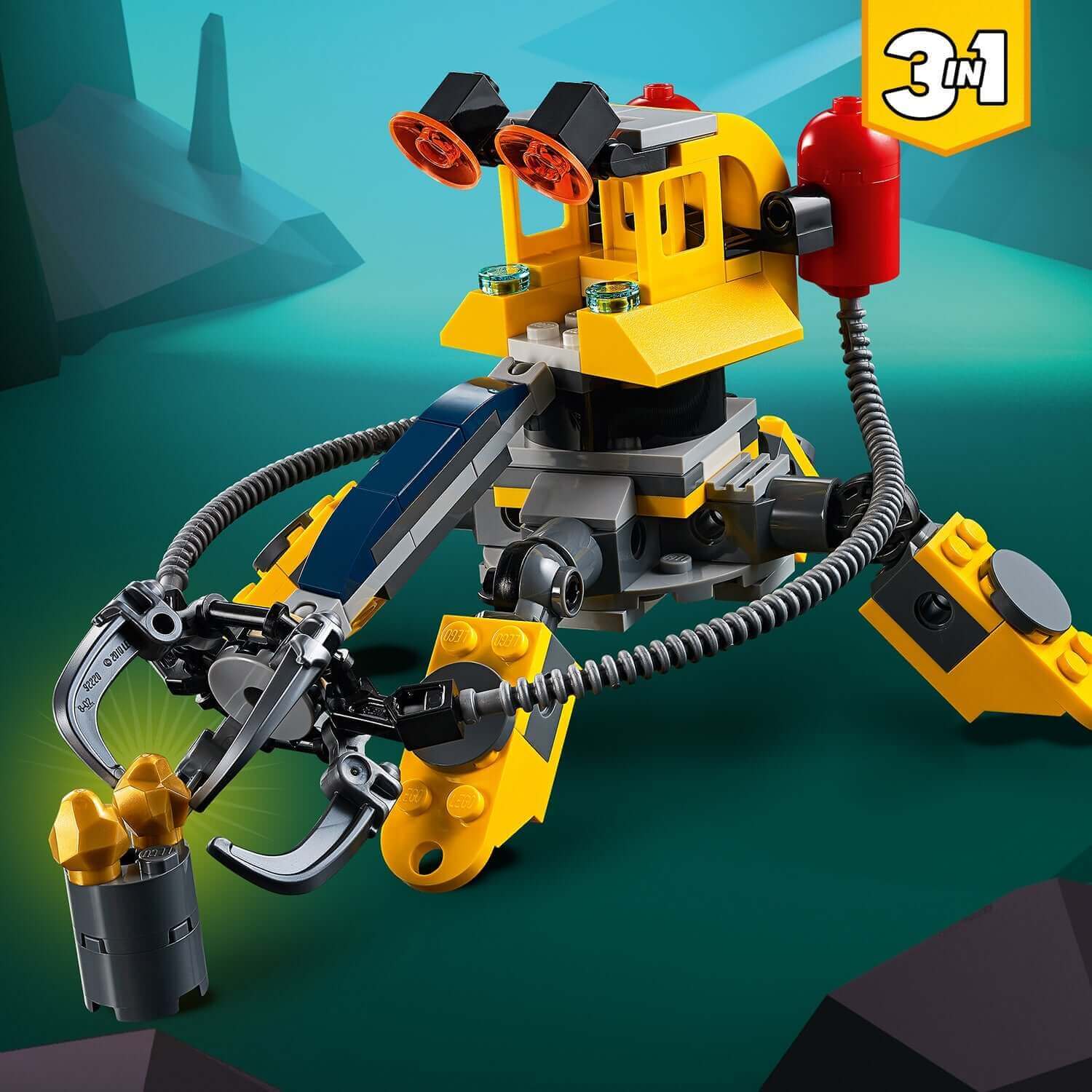 LEGO® Creator 3in1 Underwater Robot Set 31090 with robotic claws and colorful design, ideal for creative building.