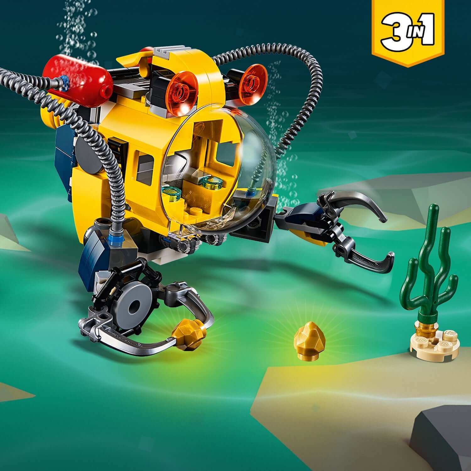 LEGO Creator 3in1 Underwater Robot Set 31090 with robotic claws, gold gems, and underwater plants.