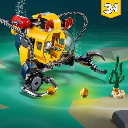 LEGO Creator 3in1 Underwater Robot Set 31090 with robotic claws, gold gems, and underwater plants.