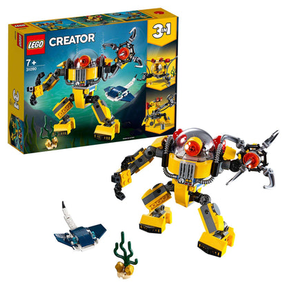 LEGO Creator 3in1 Underwater Robot Set 31090 with robot, manta ray, and box, perfect for creative play.