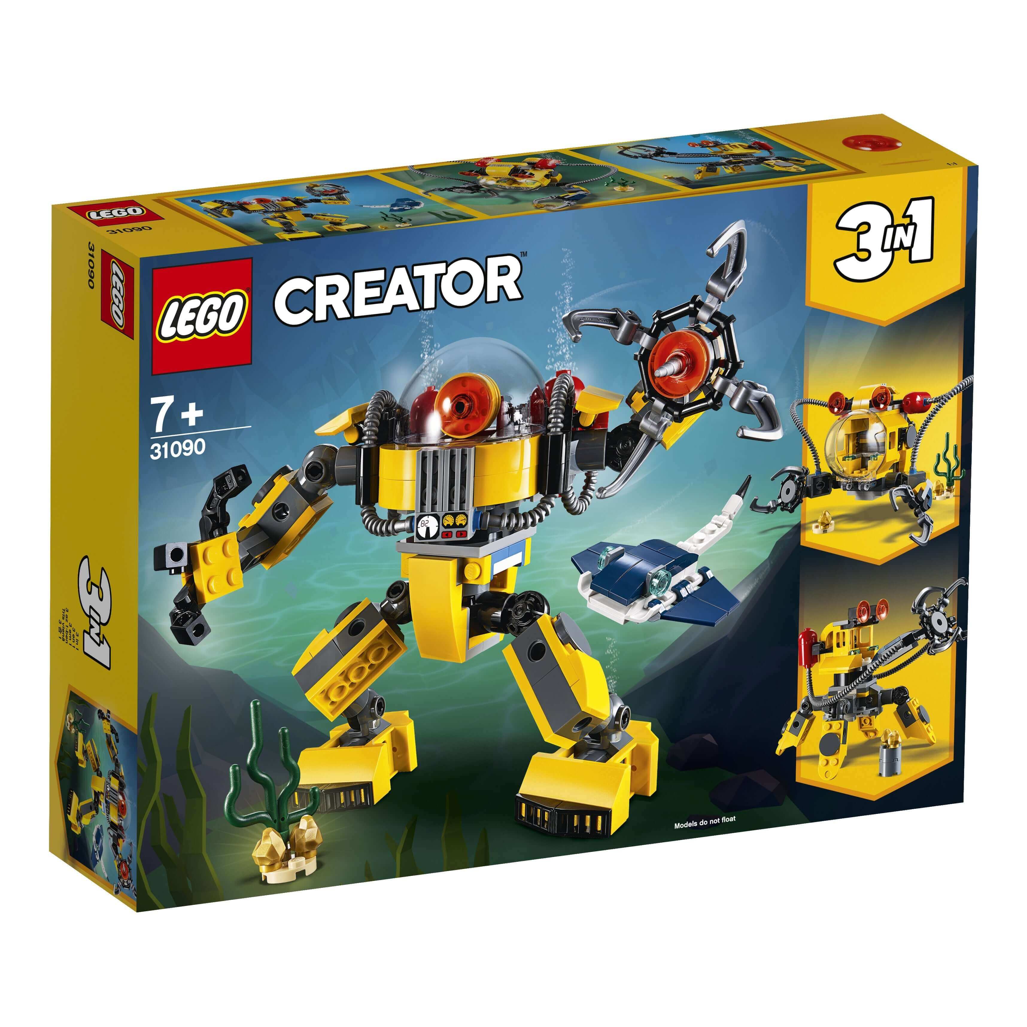 LEGO Creator 3in1 Underwater Robot Set 31090 packaging with colorful graphics and aquatic theme.