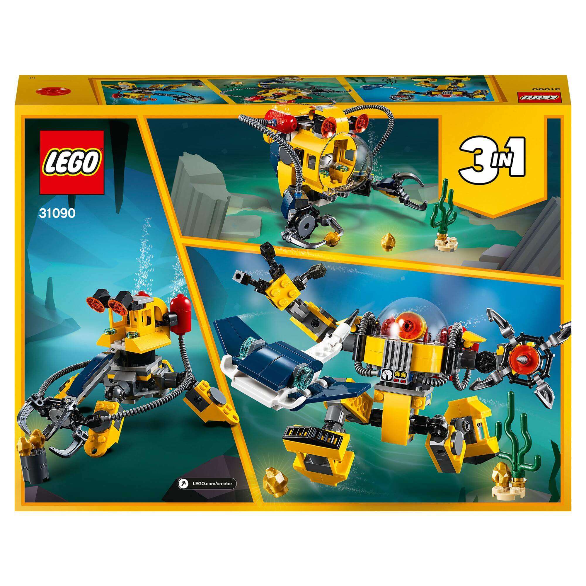 LEGO® Creator 3in1 Underwater Robot Set 31090 showcasing colorful models of robots and vehicles for underwater exploration.