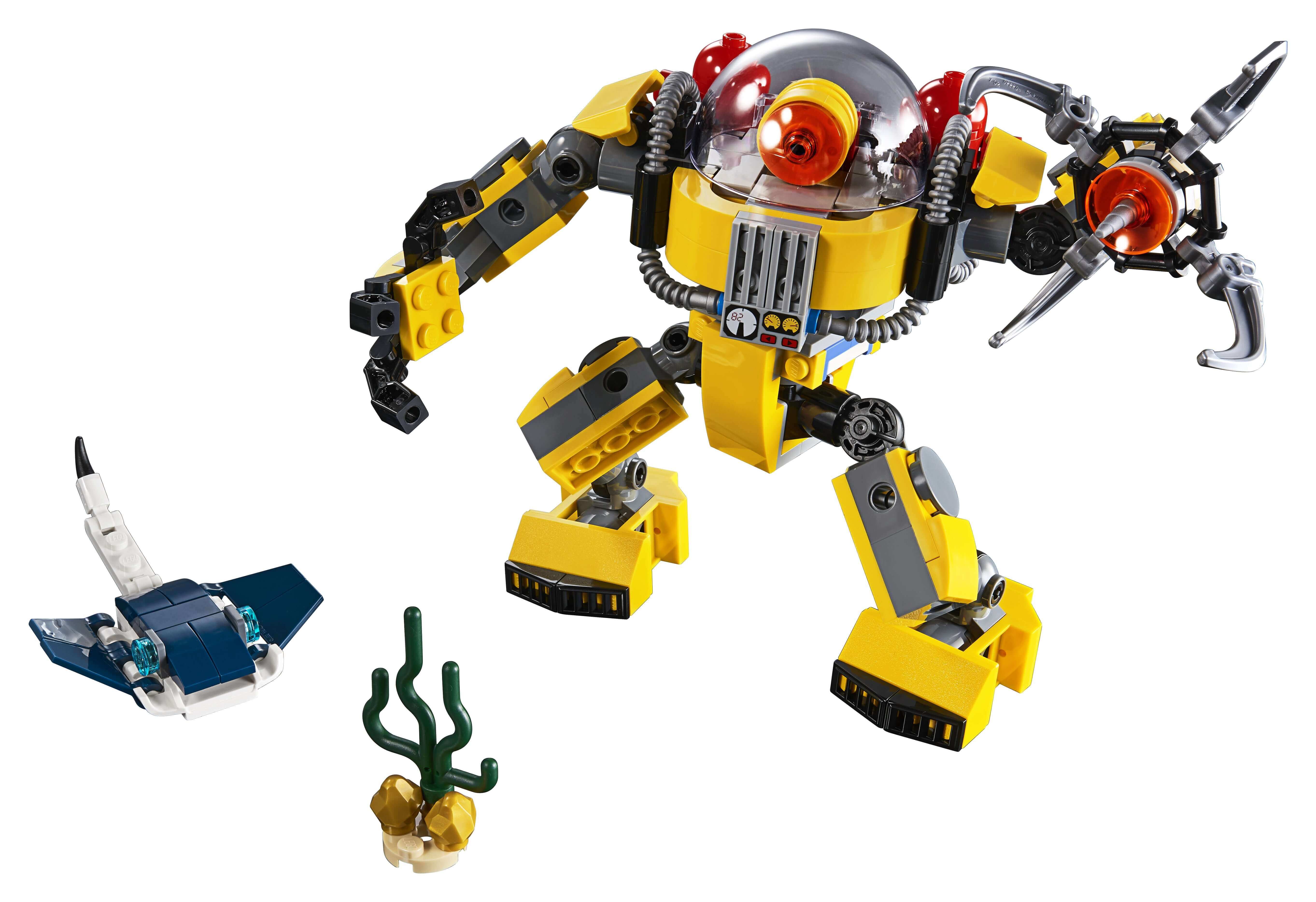 LEGO Creator 3in1 Underwater Robot Set 31090 featuring a robot, stingray, and seaweed exploring the ocean floor.