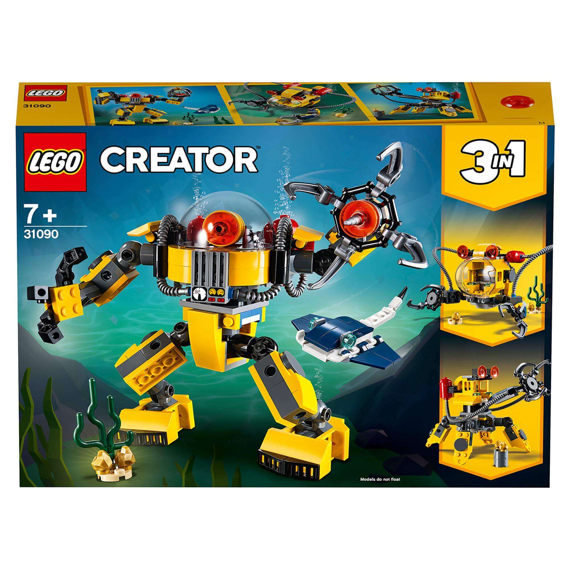 LEGO Creator 3in1 Underwater Robot Set 31090 packaging featuring colorful robot and underwater scene.