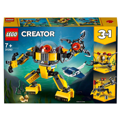 LEGO Creator 3in1 Underwater Robot Set 31090 packaging featuring colorful robot and underwater scene.