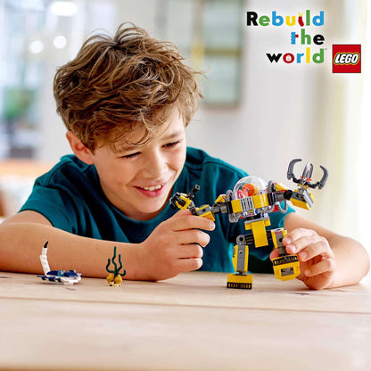 Child building the LEGO Creator 3in1 Underwater Robot Set 31090, enjoying creativity with a colorful robot model.