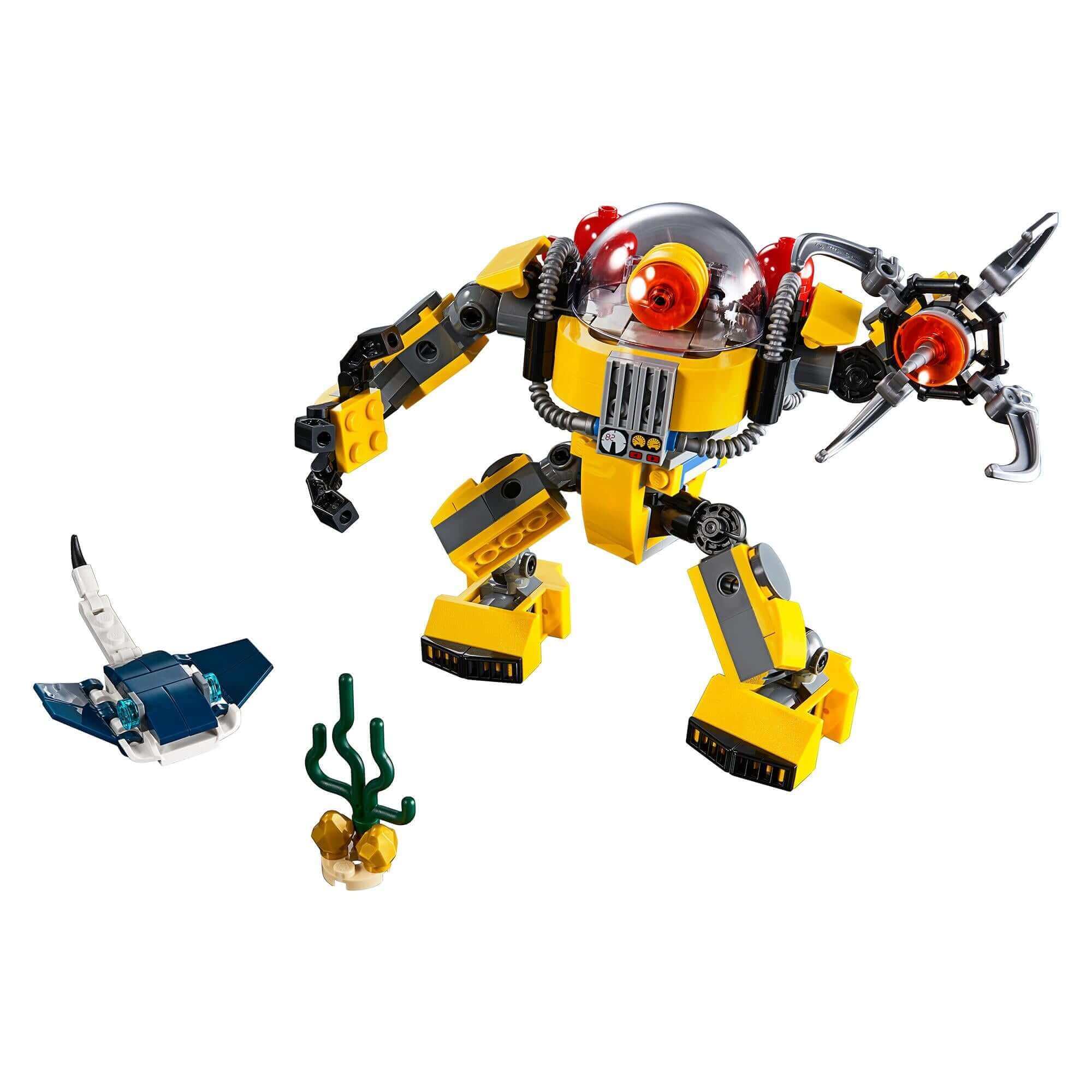 LEGO Creator 3in1 Underwater Robot Set 31090 featuring a robotic diver and marine accessories.
