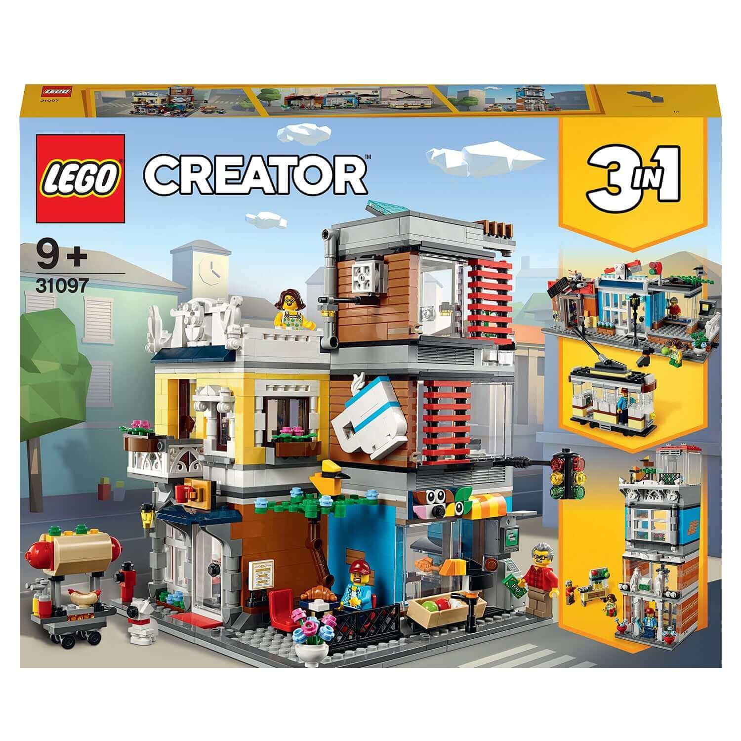 LEGO Creator 3in1 31097 Townhouse Pet Shop and Café model; build and rebuild into a Bank or Market Street.