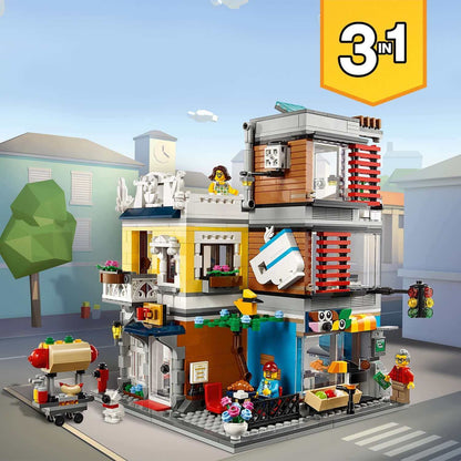 LEGO® Creator 3in1 Townhouse Pet Shop & Café 31097, featuring a colorful multi-story building and diverse scenes.