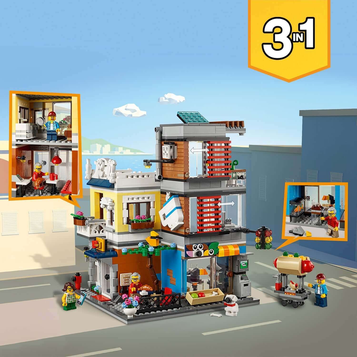 LEGO® Creator 3in1 Townhouse Pet Shop & Café 31097 showcasing multiple build options with characters and vibrant details.