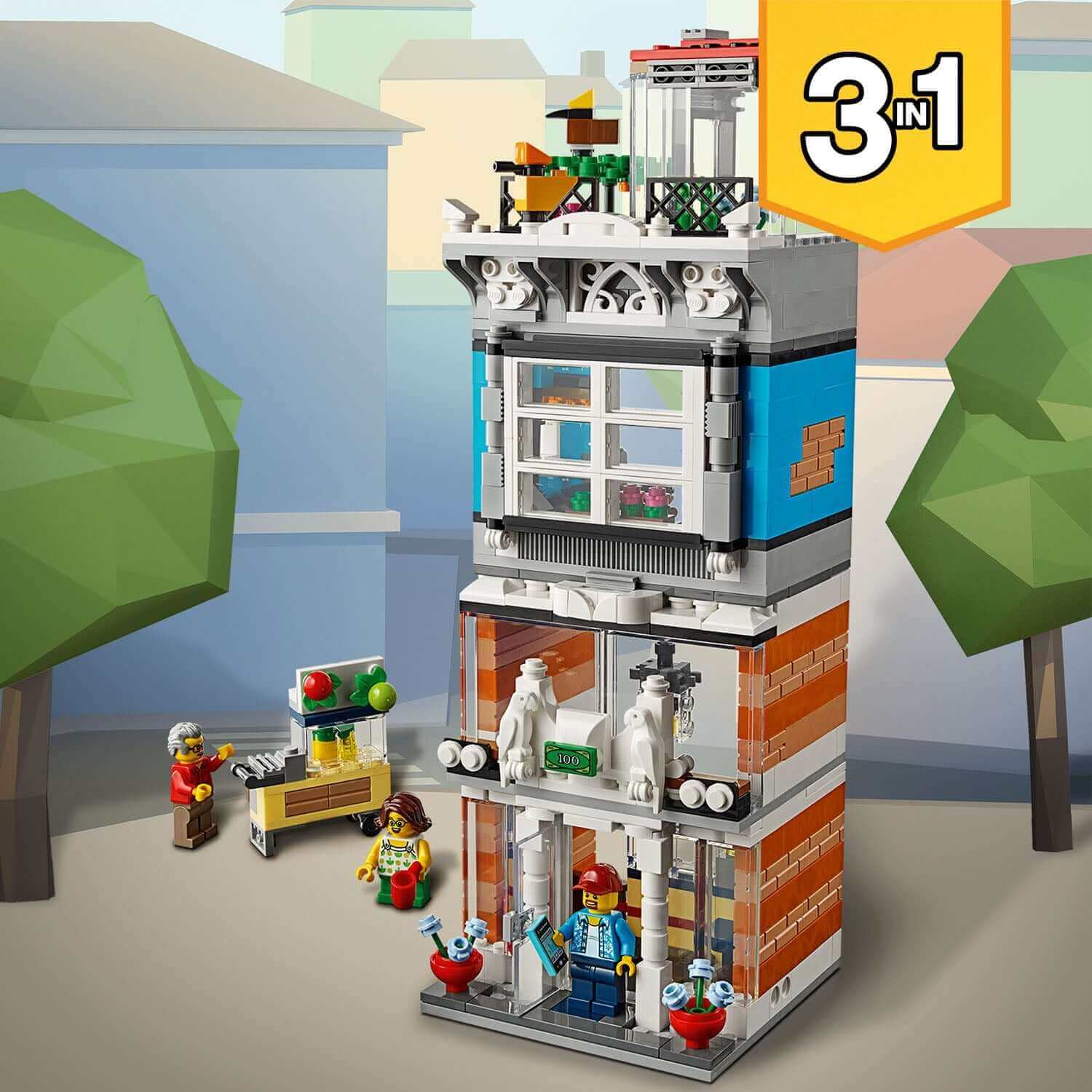 LEGO Creator 3in1 Townhouse Pet Shop and Café 31097 with characters and detailed architecture in a vibrant cityscape.