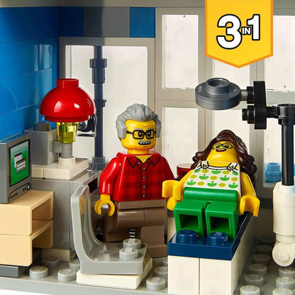 LEGO Creator 3in1 scene with characters in a pet shop and café setting, showcasing building creativity and fun.