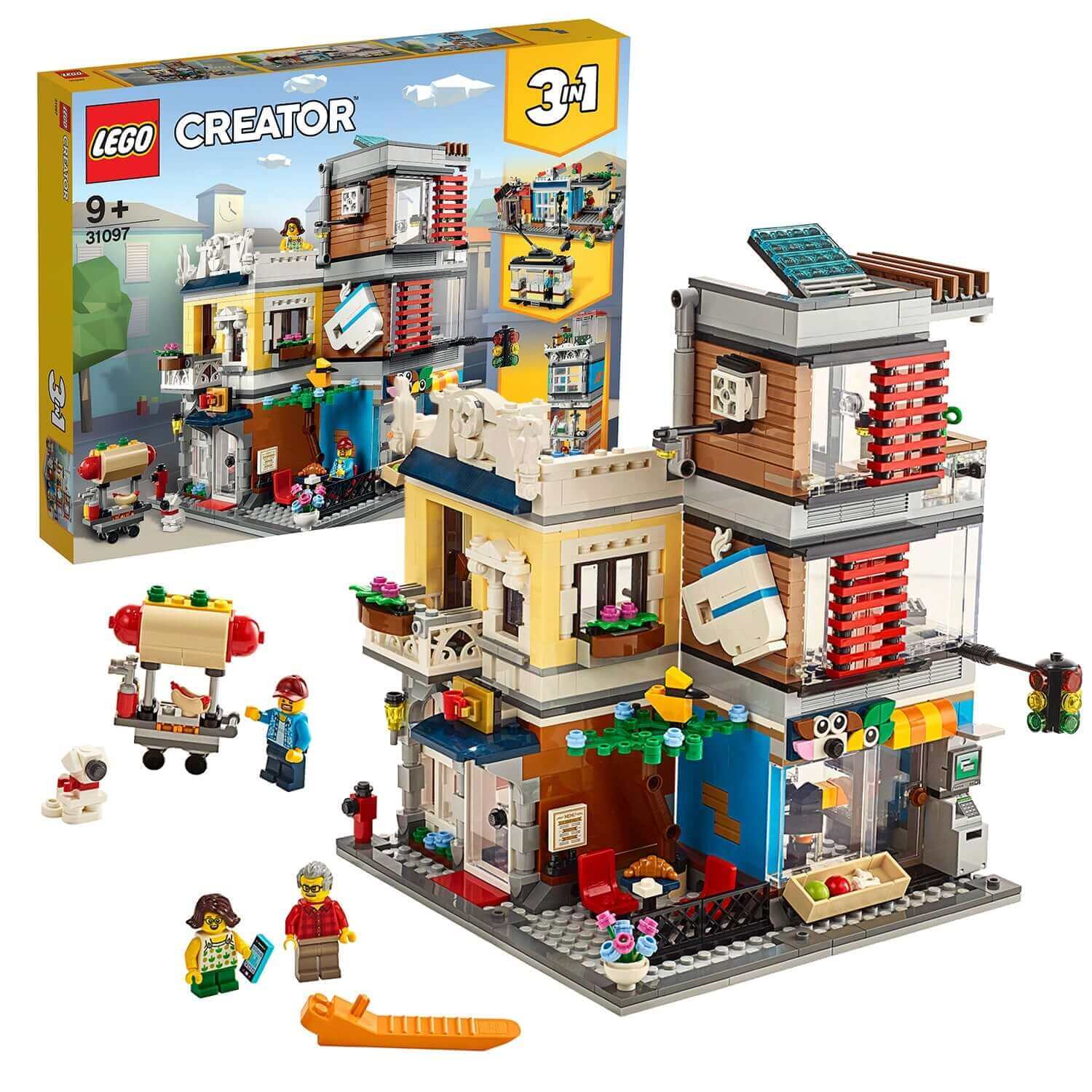 LEGO Creator 3in1 Townhouse Pet Shop & Café 31097 with multi-story buildings and characters.