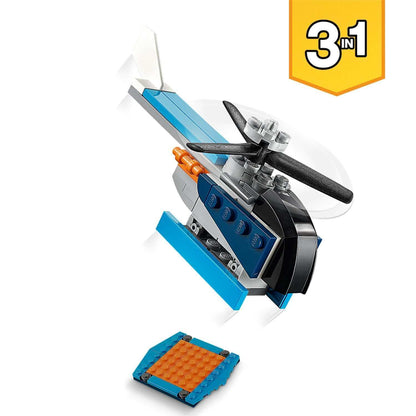 LEGO Creator 3in1 Propeller Plane set featuring a helicopter model with a spinning rotor and colorful building pieces.