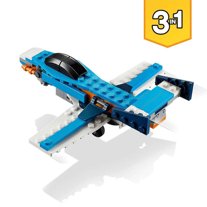 LEGO Creator 3in1 Propeller Plane Set 31099, built as a colorful toy airplane with detachable parts for creative play.