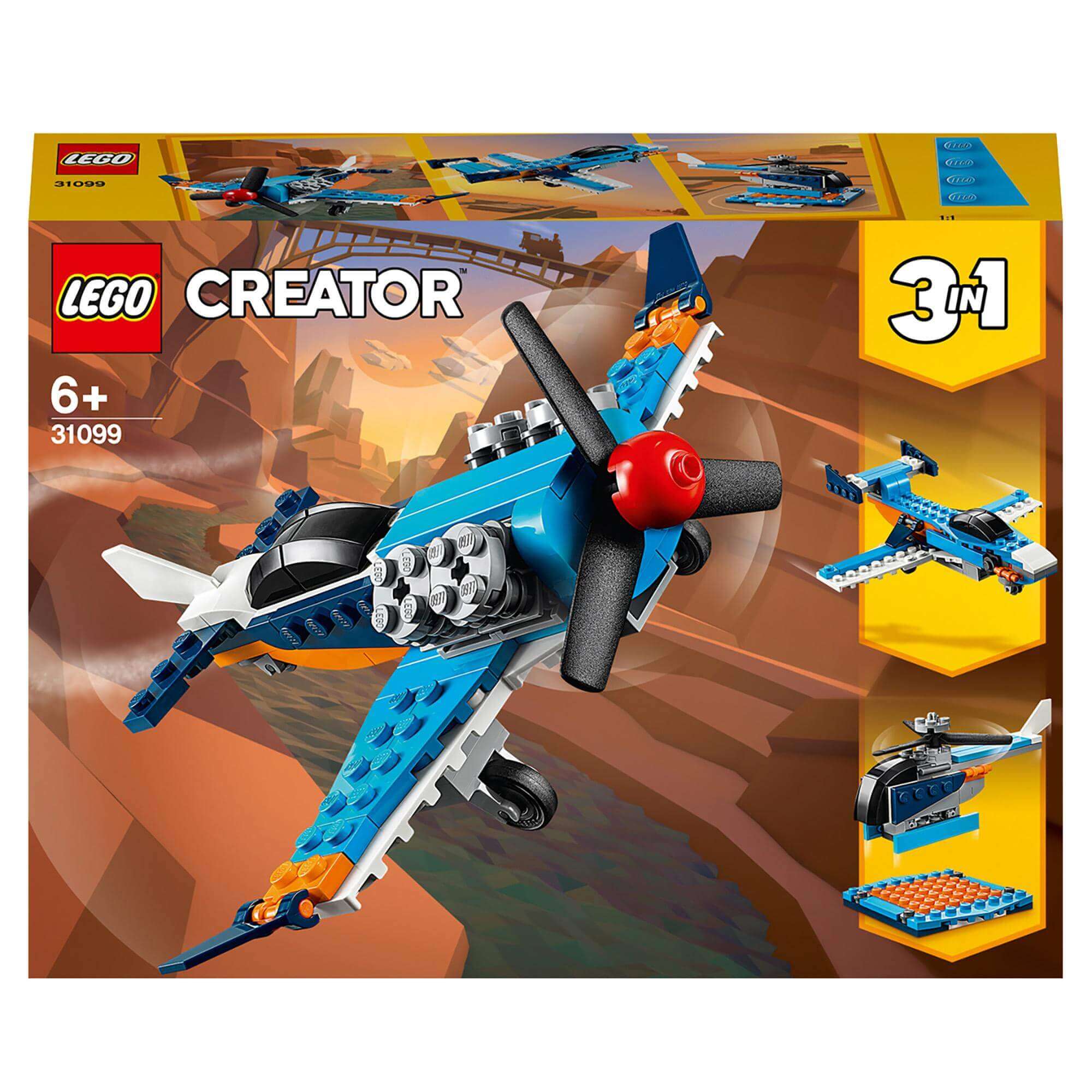 LEGO Creator 3in1 Propeller Plane Set 31099 with options to build a jet or helicopter, suitable for children aged 6 and up.