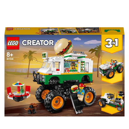 LEGO Creator 3in1 Monster Burger Truck Set 31104, featuring a burger truck, off-roader, and tractor models for creative play.