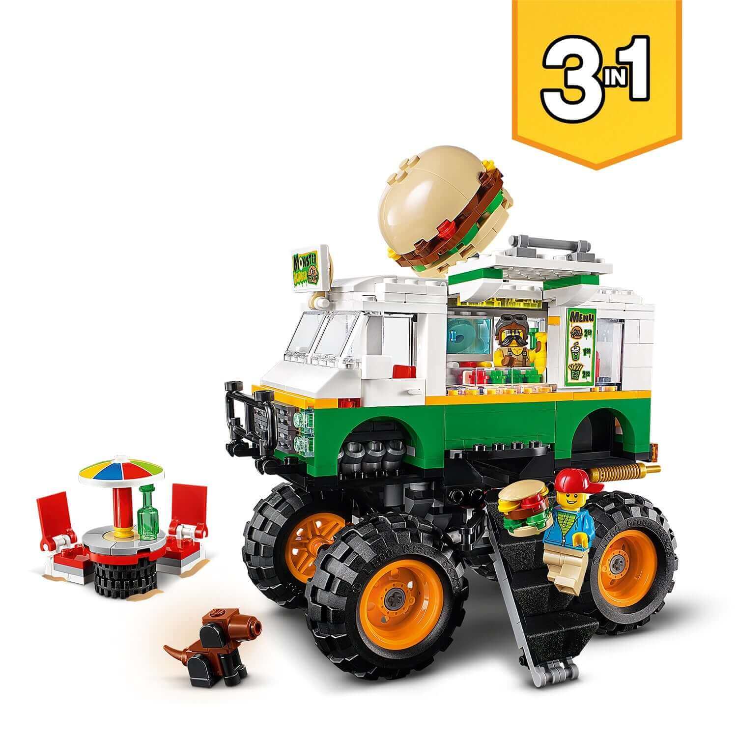 LEGO Creator 3in1 Monster Burger Truck Set 31104 featuring a burger truck, off-roader, and tractor toy.