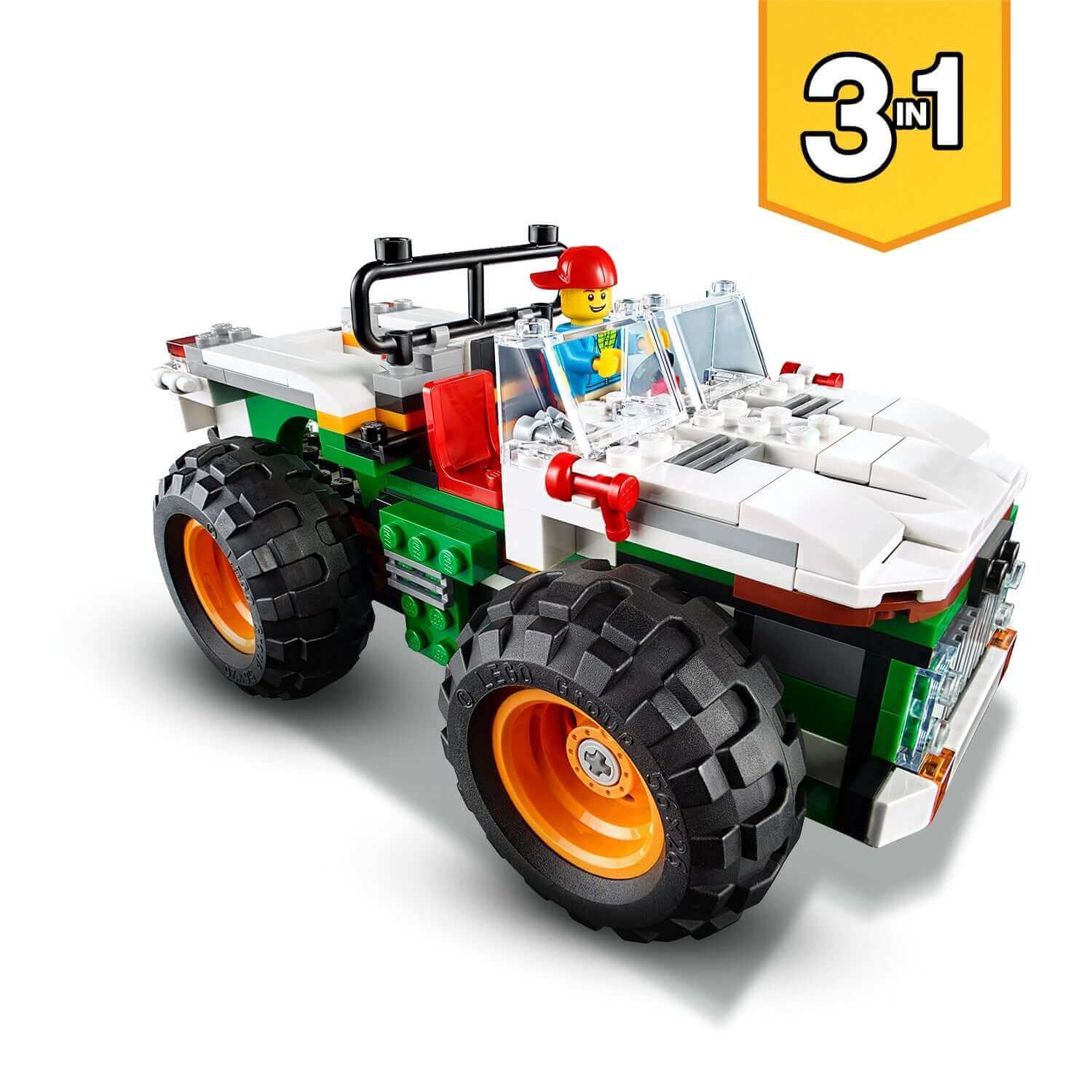 LEGO Creator 3in1 Monster Burger Truck Set 31104, featuring a fun off-roader design with a minifigure driver.
