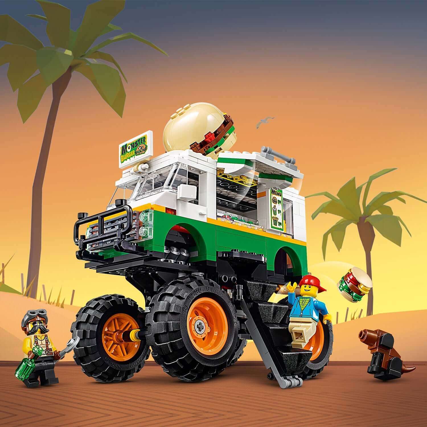 LEGO Creator 3in1 Monster Burger Truck set with minifigures and burger, ideal for young chefs and imaginative play.
