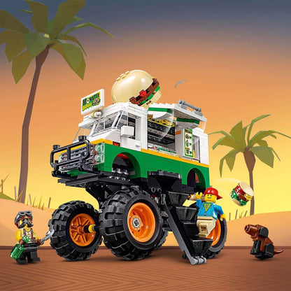 LEGO Creator 3in1 Monster Burger Truck set with minifigures and burger, ideal for young chefs and imaginative play.