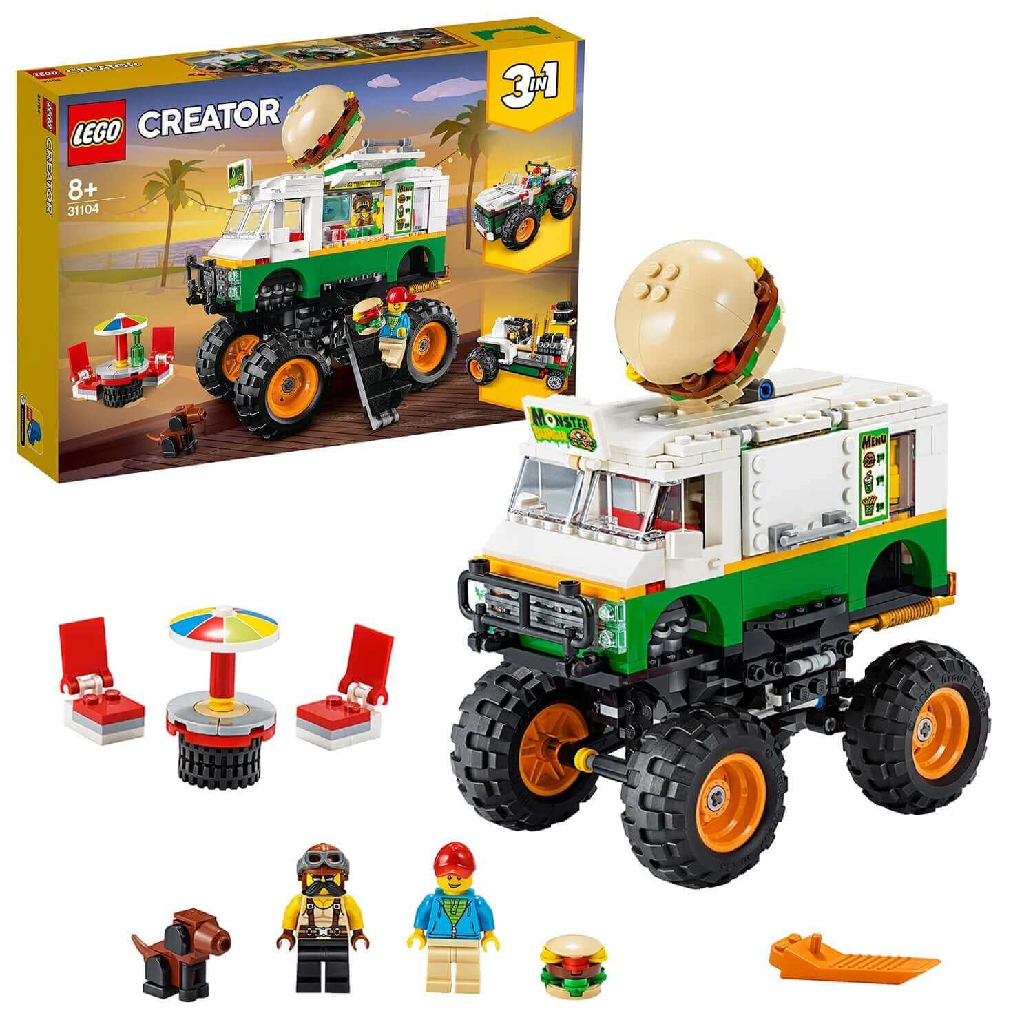 LEGO® Creator 3in1 Monster Burger Truck Set 31104 features a burger truck, mini figures, and buildable accessories.