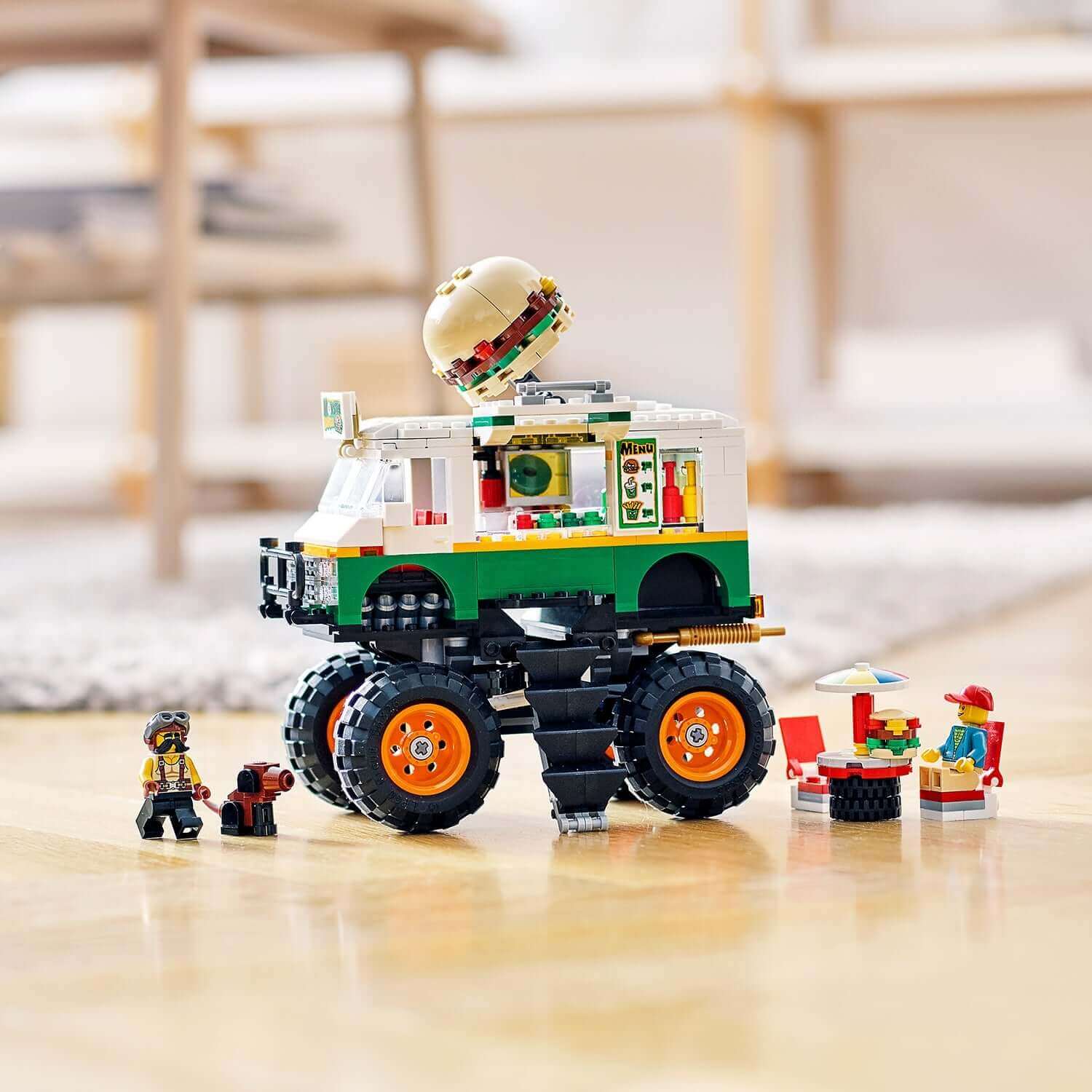 LEGO Creator 3in1 Monster Burger Truck set with mini chefs and dining setup for imaginative play and creativity.