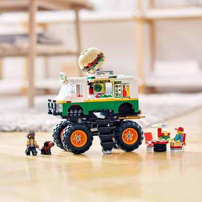 LEGO Creator 3in1 Monster Burger Truck set with mini chefs and dining setup for imaginative play and creativity.
