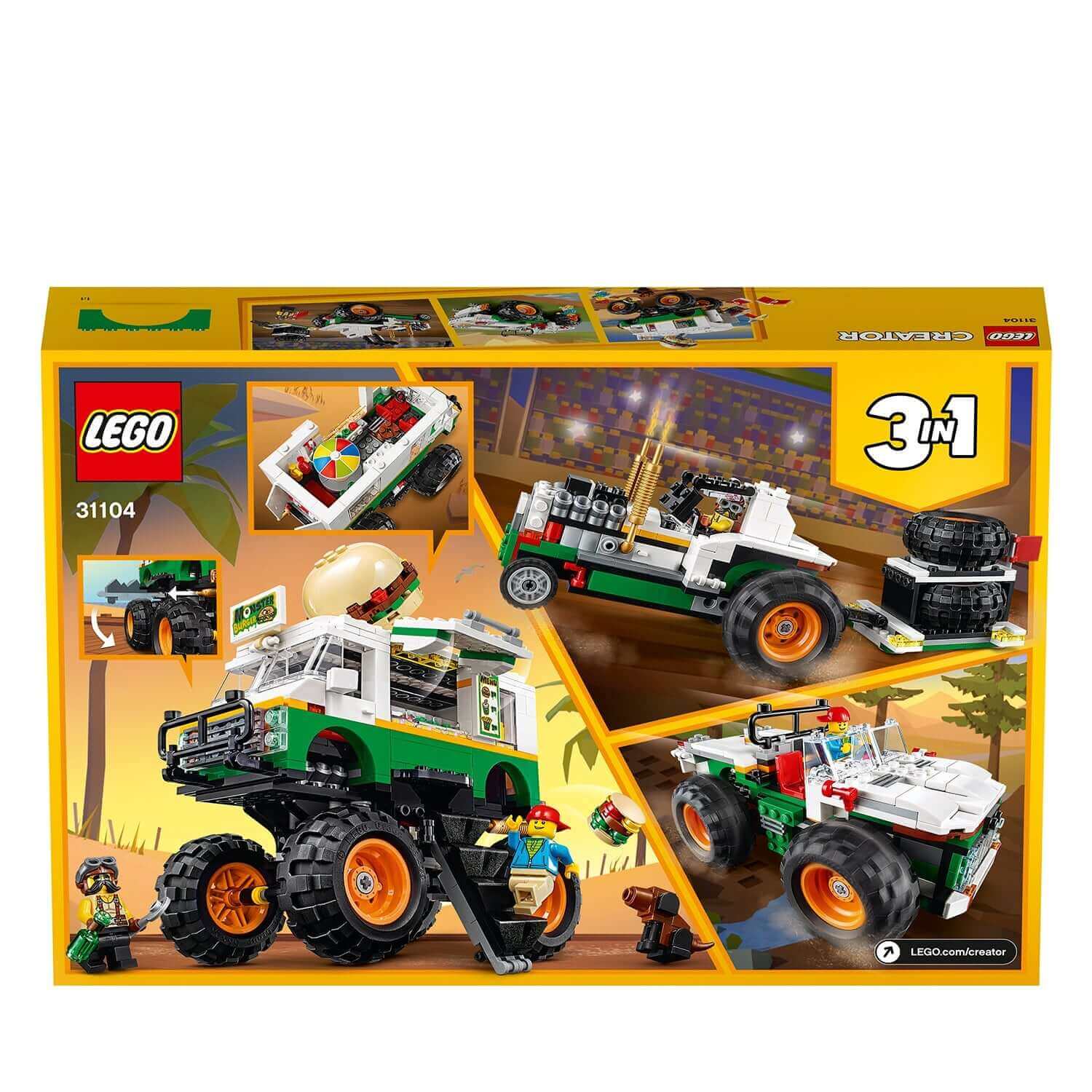 LEGO Creator 3in1 Monster Burger Truck Set 31104 featuring truck, off-roader, and tractor builds for imaginative play.