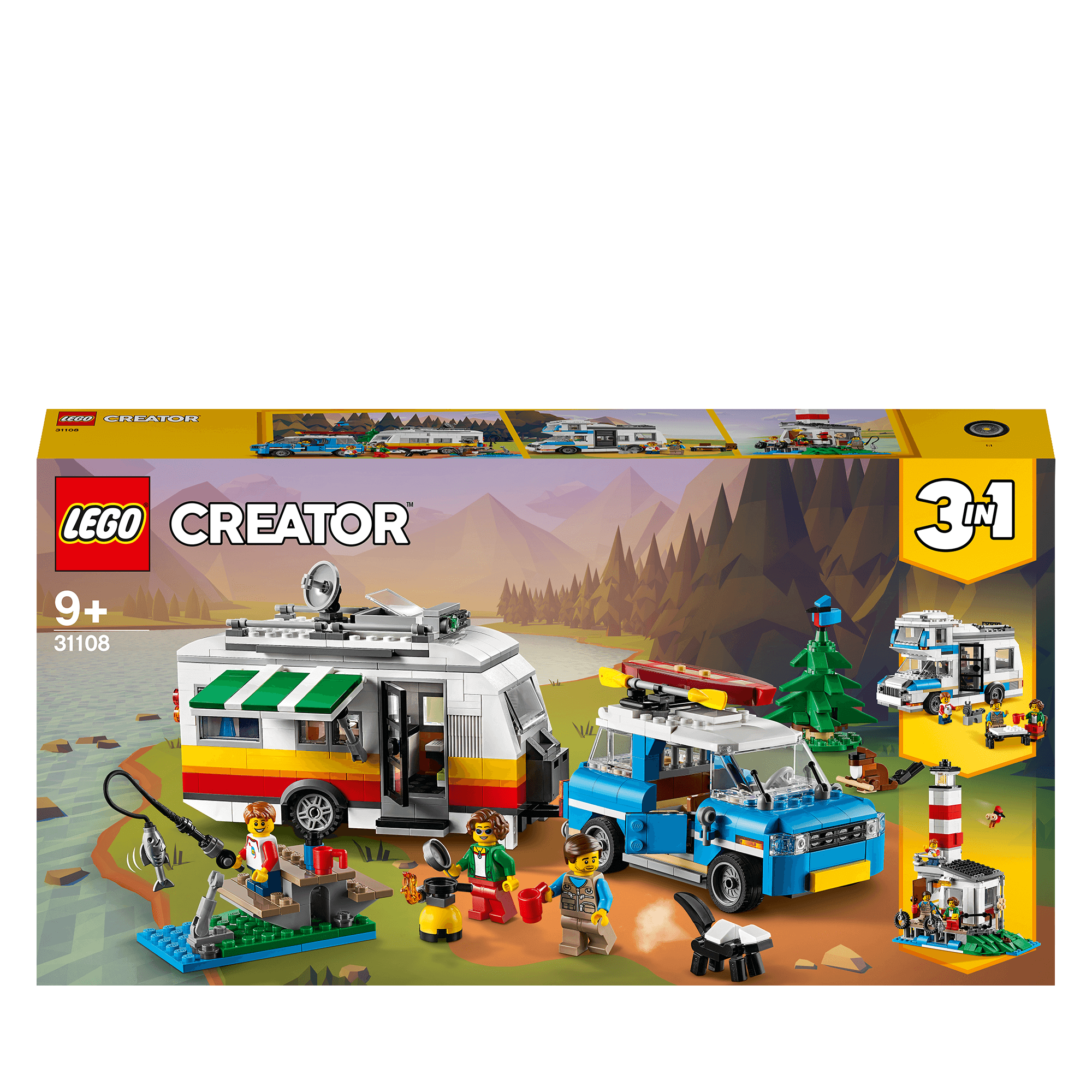 LEGO Creator 3in1 Caravan Family Holiday Set 31108, featuring camper van and lighthouse builds for kids.