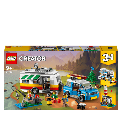 LEGO Creator 3in1 Caravan Family Holiday Set 31108, featuring camper van and lighthouse builds for kids.