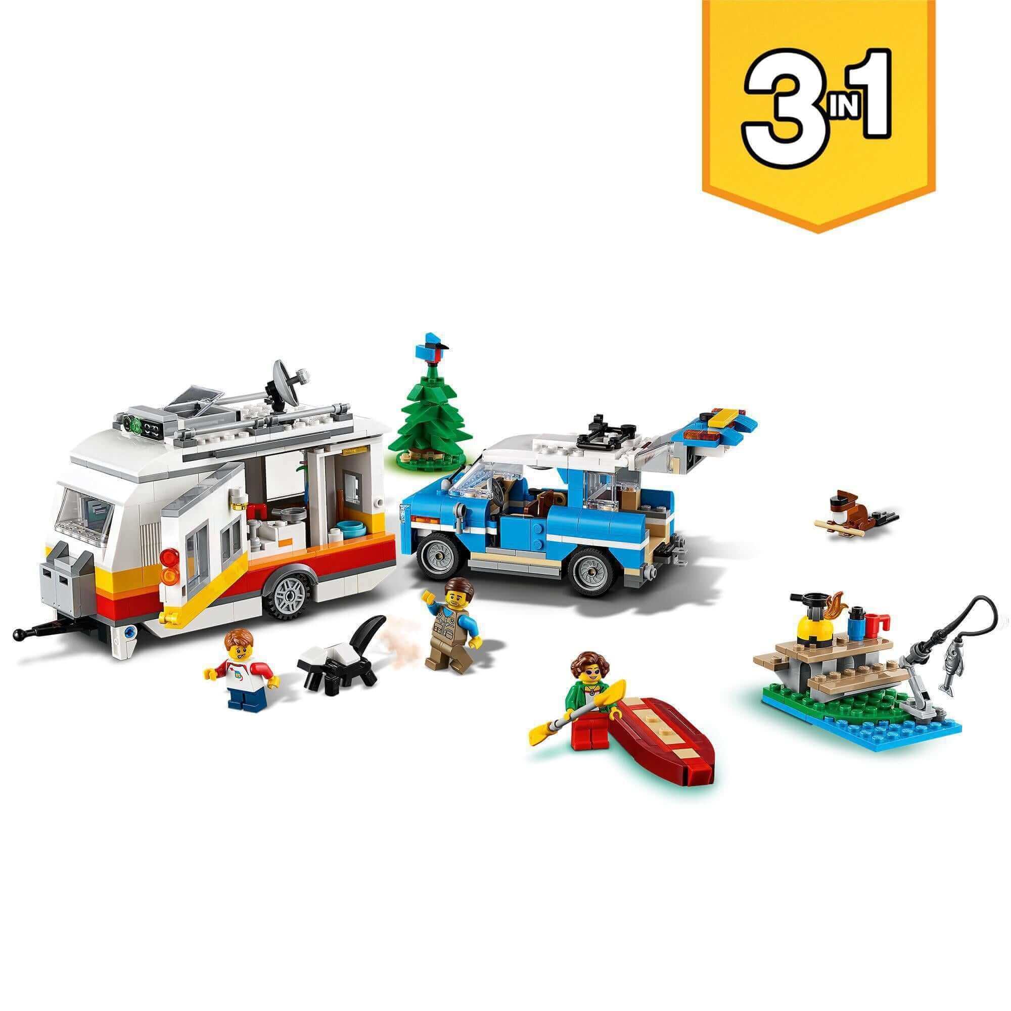 LEGO® Creator 3in1 Caravan Family Holiday set featuring camper, van, and play figures, perfect for imaginative outdoor adventures.
