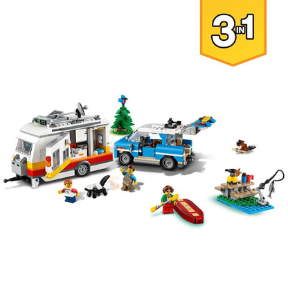 LEGO® Creator 3in1 Caravan Family Holiday set featuring camper, van, and play figures, perfect for imaginative outdoor adventures.