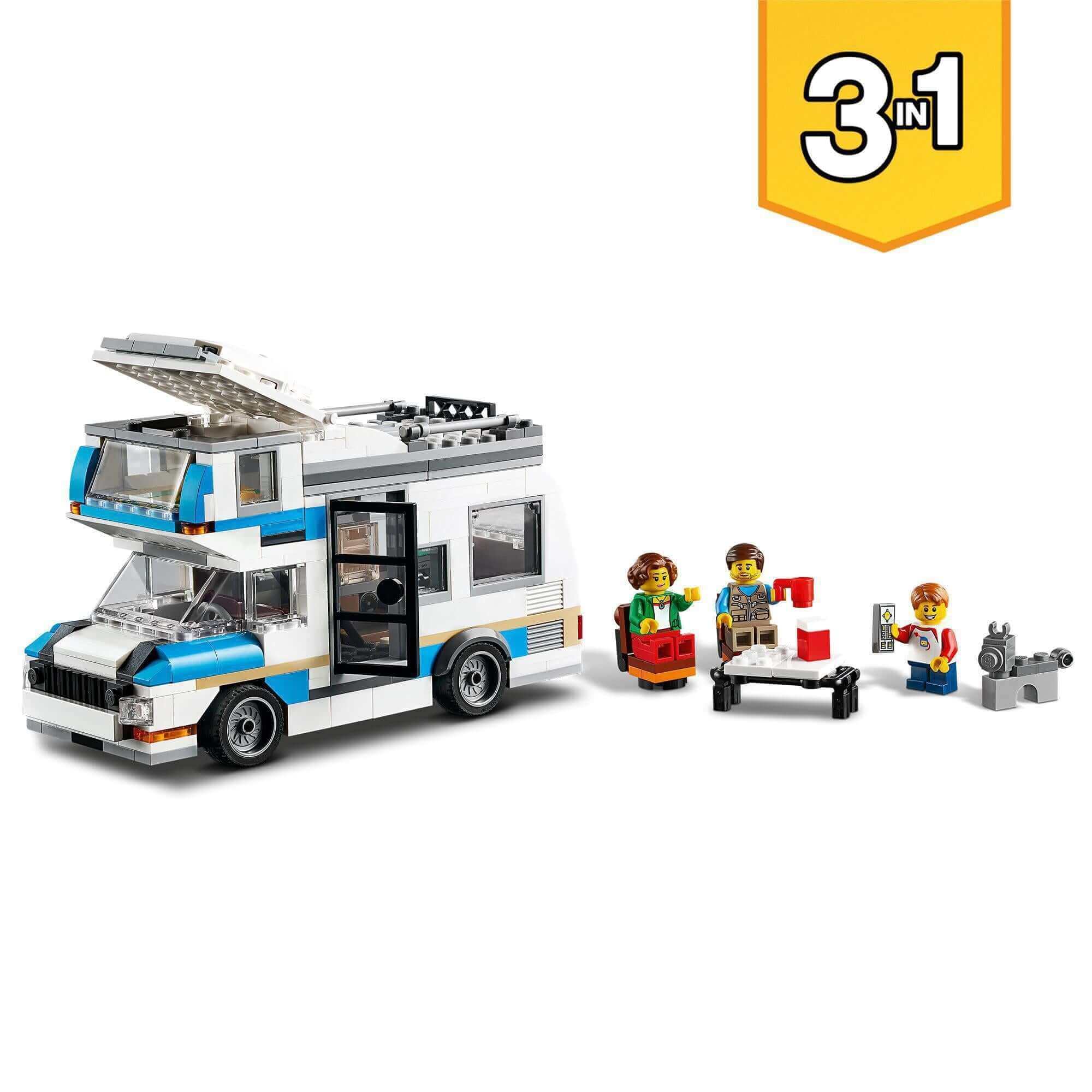 LEGO Creator 3in1 Caravan Family Holiday Set 31108 with camper van, figures, and accessories for creative play.