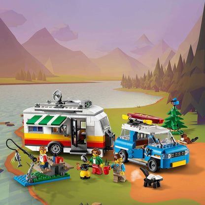 LEGO® Creator 3in1 Caravan Family Holiday Set 31108 with camper van, fishing kids, and scenic lake background.
