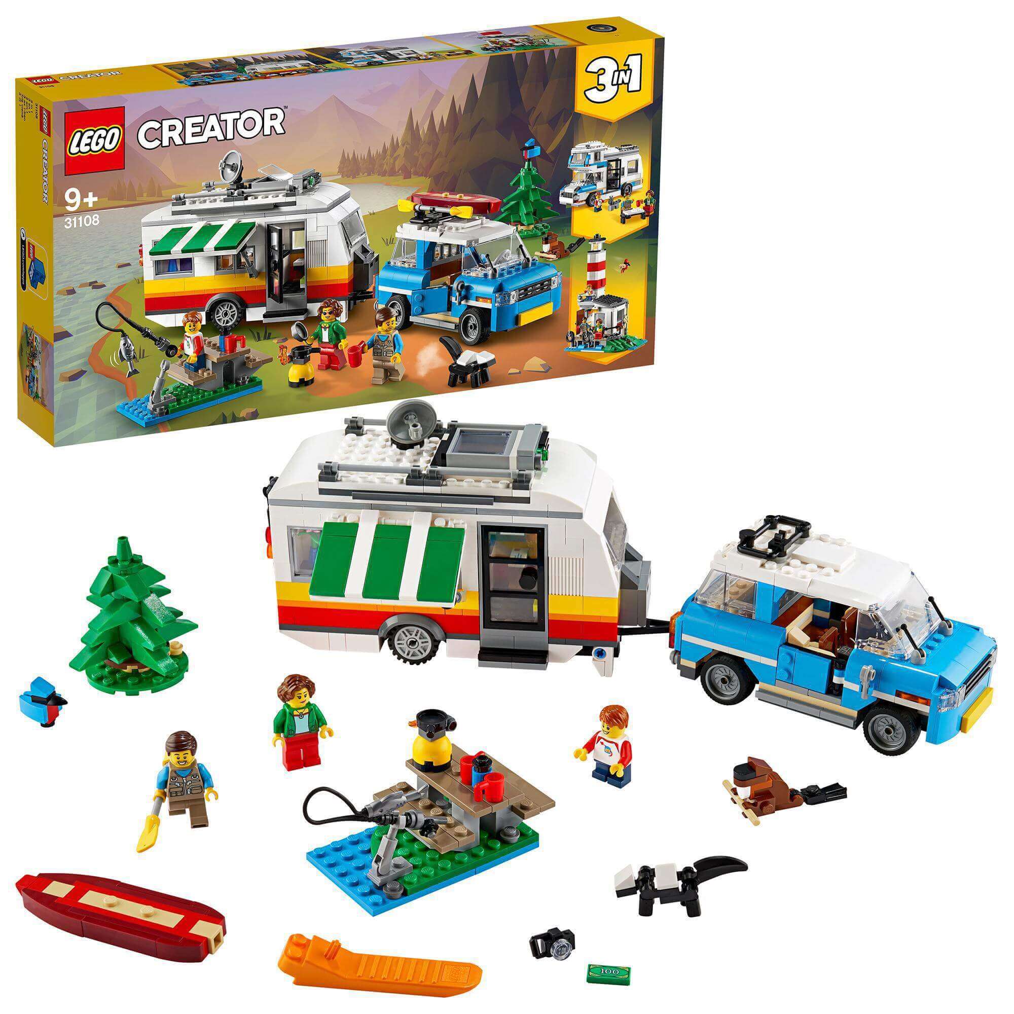 LEGO Creator 3in1 Caravan Holiday set 31108 with camper, family figures, and outdoor accessories for imaginative play.