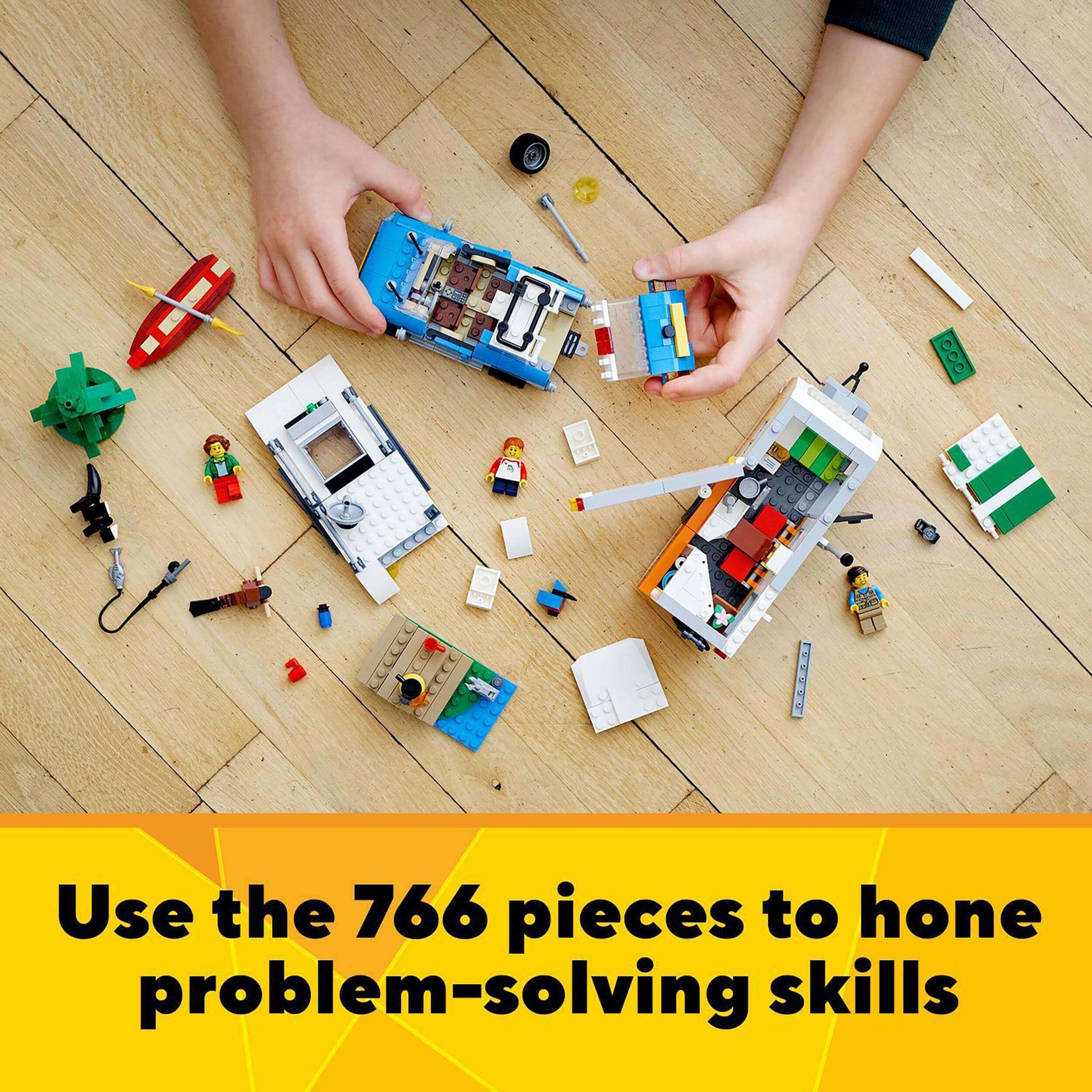 Children using LEGO Creator 3in1 Caravan Family Holiday set to enhance problem-solving skills with 766 colorful pieces.