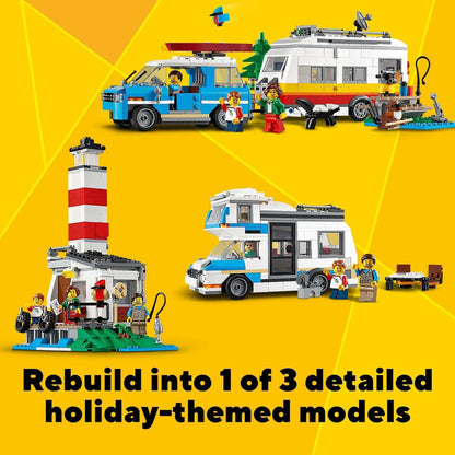 LEGO Creator 3in1 Caravan Family Holiday set showcasing caravan, camper van, and lighthouse designs for imaginative play.