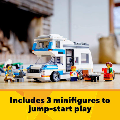 LEGO Creator 3in1 Caravan Family Holiday playset with 3 minifigures ready for fun camping adventures.