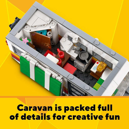 LEGO Creator 3in1 Caravan Family Holiday Set interior view showcasing detailed features for imaginative play.